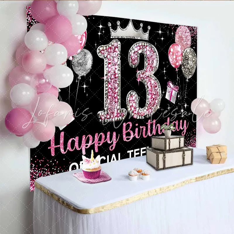 Lofaris Pink Glitter 13th Birthday Backdrop Official Teenager 13 Silver Crown Party Decoration
