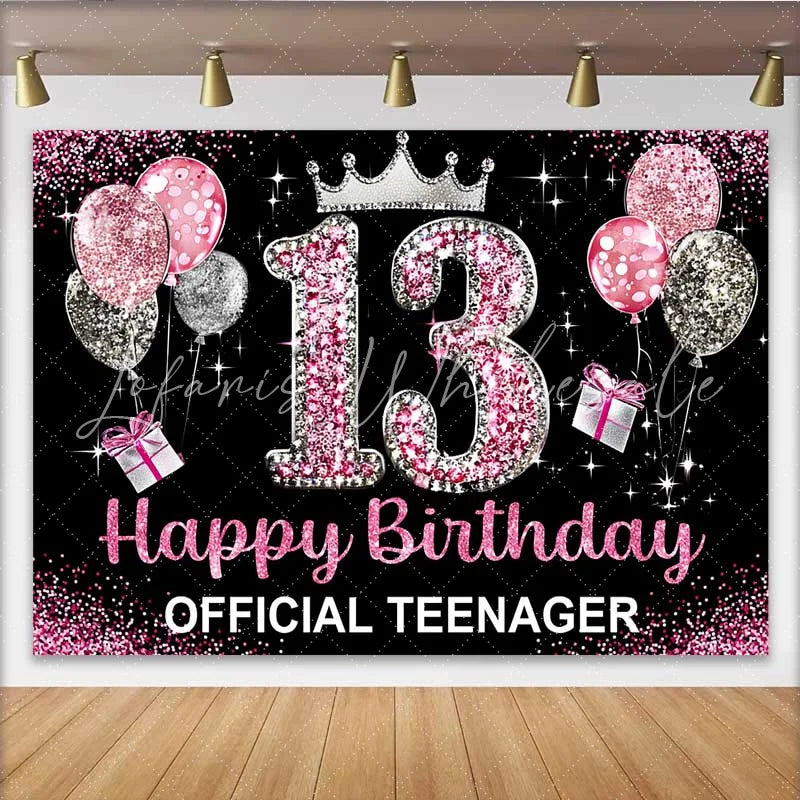 Lofaris Pink Glitter 13th Birthday Backdrop Official Teenager 13 Silver Crown Party Decoration