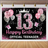 Lofaris Pink Glitter 13th Birthday Backdrop Official Teenager 13 Silver Crown Party Decoration