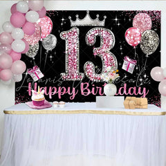 Lofaris Pink Glitter 13th Birthday Backdrop Official Teenager 13 Silver Crown Party Decoration