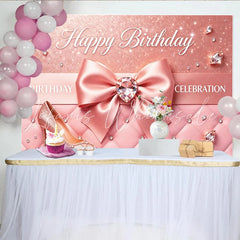Lofaris Pink Glitter Birthday Backdrop with Elegant Bow and Diamond Luxurious Quilted Background for Women’s Celebration Party Photography