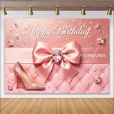 Lofaris Pink Glitter Birthday Backdrop with Elegant Bow and Diamond Luxurious Quilted Background for Women’s Celebration Party Photography