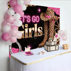 Lofaris Pink Glitter Cowgirl Birthday Backdrop with Leopard Print Let’s Go Girls Western Party Background for Girls Photoshoot and Event