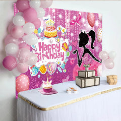 Lofaris Pink Glitter Girl Birthday Backdrop with Cake and Balloons Sparkling Party Decor for Photoshoot and Celebration