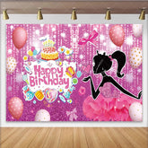Lofaris Pink Glitter Girl Birthday Backdrop with Cake and Balloons Sparkling Party Decor for Photoshoot and Celebration