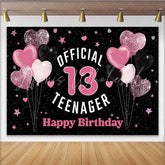 Lofaris Pink Glitter Hearts 13th Birthday Backdrop Official 13 Teenager Milestone Party Decoration