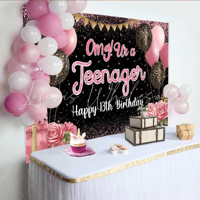 Lofaris Pink Glitter Omg! Ur a Teenager 13th Birthday Backdrop Pink and Black Milestone Party Decoration