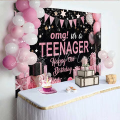 Lofaris Pink Glitter OMG UR A TEENAGER Backdrop 13th Birthday Milestone Gift Party Decoration