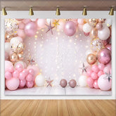 Lofaris Pink Gold Balloon Arch Birthday Cake Smash Backdrop String Lights Stars Girl Princess Party Photography Background Decor