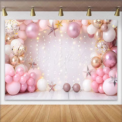Lofaris Pink Gold Balloon Arch Birthday Cake Smash Backdrop String Lights Stars Girl Princess Party Photography Background Decor