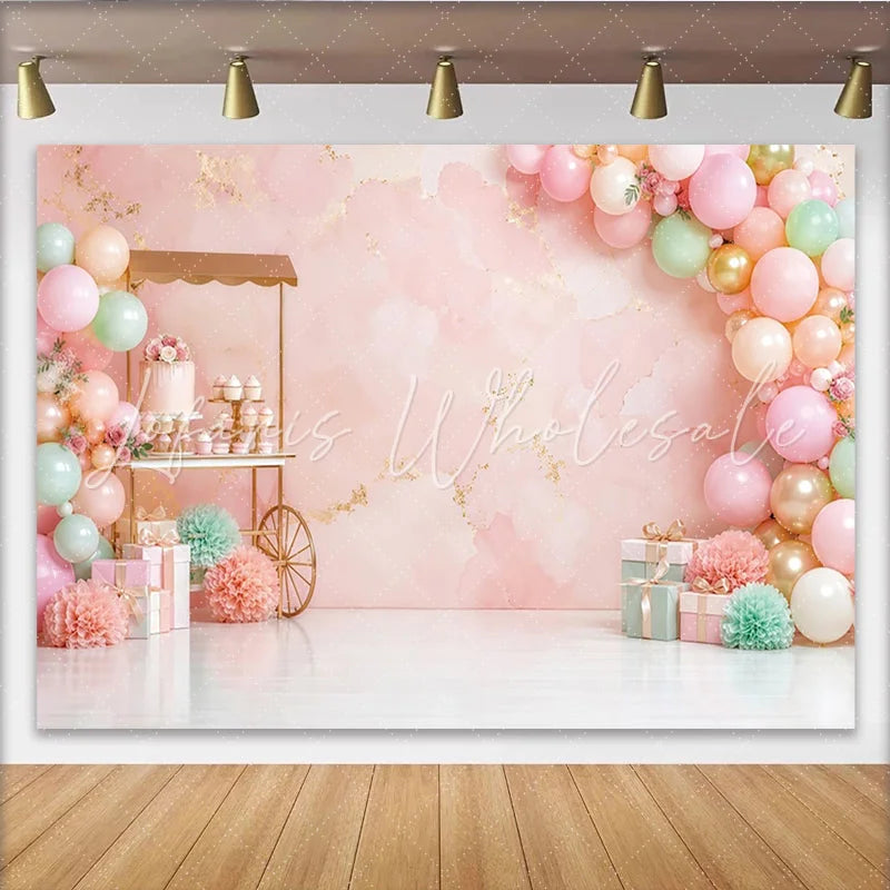 Lofaris Pink Gold Balloon Birthday Backdrop with Dessert Cart and Gifts Elegant Party Background for Girls Photoshoot