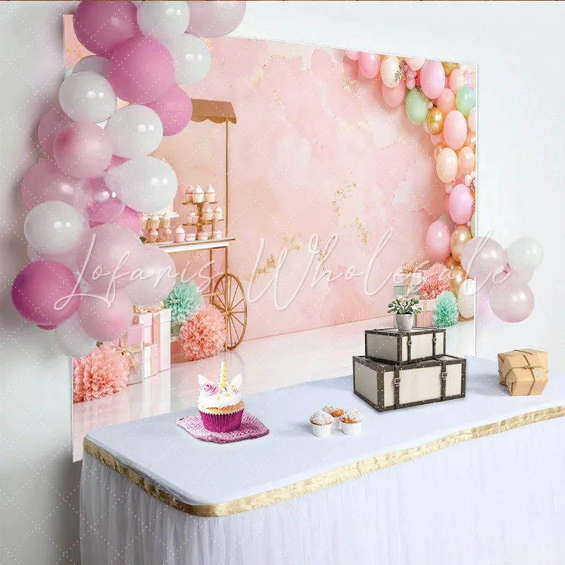 Lofaris Pink Gold Balloon Birthday Backdrop with Dessert Cart and Gifts Elegant Party Background for Girls Photoshoot