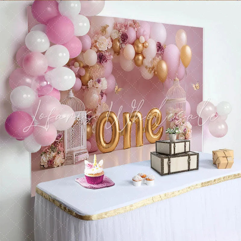 Lofaris Pink Gold Balloon First Birthday Cake Smash Backdrop Floral Birdcage Butterfly ONE Girl Party Background