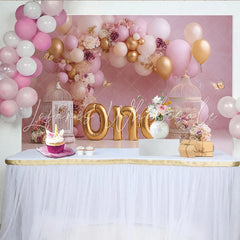 Lofaris Pink Gold Balloon First Birthday Cake Smash Backdrop Floral Birdcage Butterfly ONE Girl Party Background