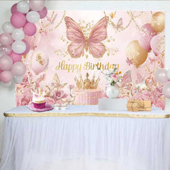 Lofaris Pink Gold Butterfly Backdrop Luxury Crown Cake Background Royal Princess Birthday Party Prop