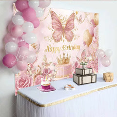 Lofaris Pink Gold Butterfly Backdrop Luxury Crown Cake Background Royal Princess Birthday Party Prop