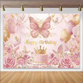Lofaris Pink Gold Butterfly Backdrop Luxury Crown Cake Background Royal Princess Birthday Party Prop