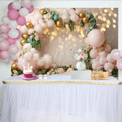Lofaris Pink Gold Floral Balloon Photography Backdrop with Bokeh Lights Elegant Party Decor for Studio Photoshoot