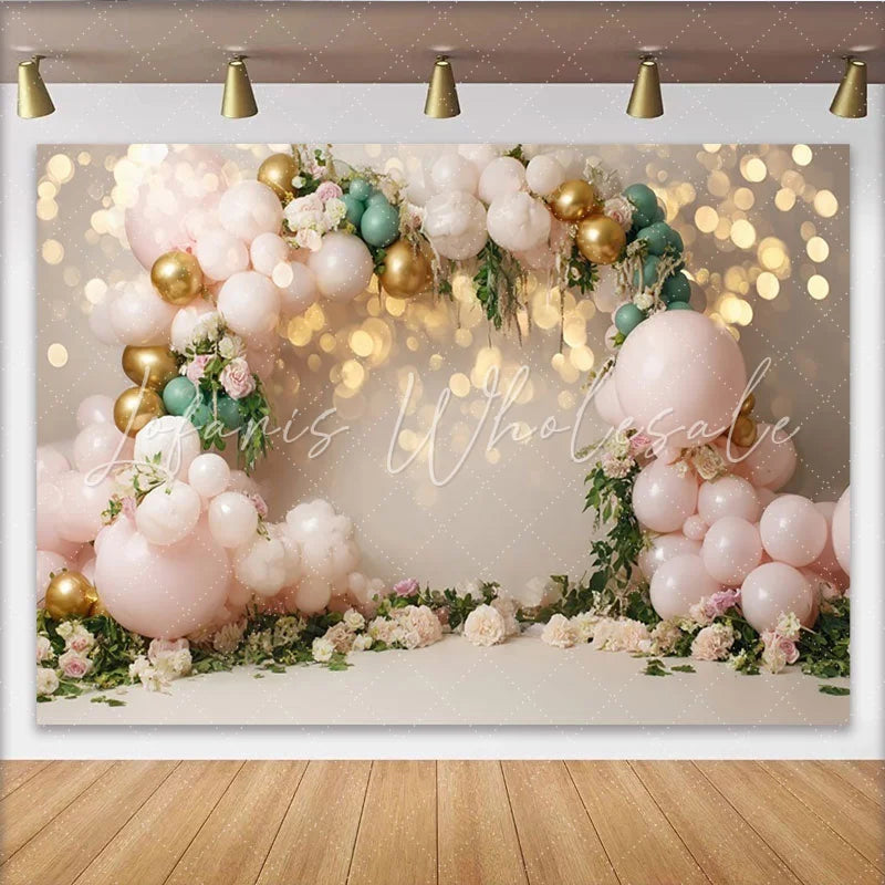 Lofaris Pink Gold Floral Balloon Photography Backdrop with Bokeh Lights Elegant Party Decor for Studio Photoshoot