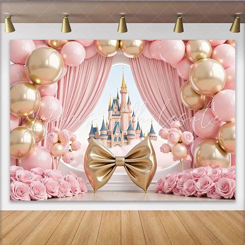 Lofaris Pink Gold Princess Castle Birthday Backdrop with Balloons Elegant Fairy Tale Photography Background for Girl’s Party Decor
