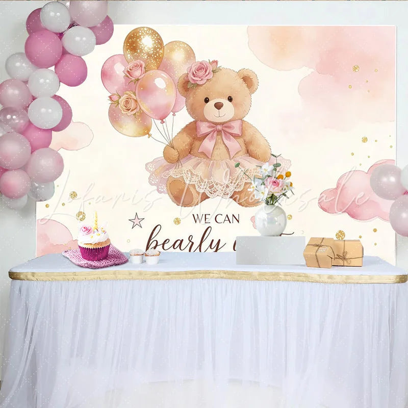 Lofaris Pink Gold Teddy Bear Baby Shower Backdrop with Balloons and Roses Adorable We Can Bearly Wait Background for Party Decor