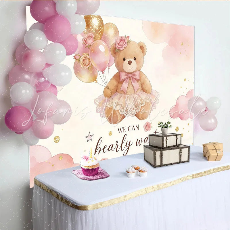 Lofaris Pink Gold Teddy Bear Baby Shower Backdrop with Balloons and Roses Adorable We Can Bearly Wait Background for Party Decor