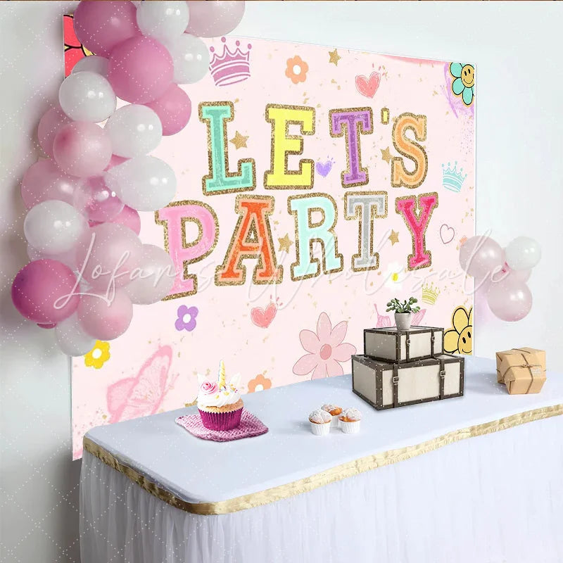 Lofaris Pink Groovy Let’s Party Birthday Backdrop with Colorful Glitter Letters Fun Photo Booth Background for Girls Celebration.