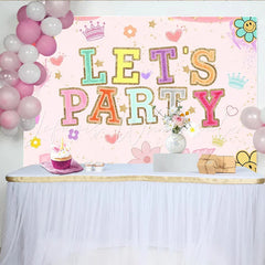 Lofaris Pink Groovy Let’s Party Birthday Backdrop with Colorful Glitter Letters Fun Photo Booth Background for Girls Celebration.