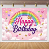 Lofaris Pink Happy Birthday Rainbow Backdrop with Crown and Stars Magical Cloud Background for Girl Party Photoshoot.
