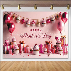 Lofaris Pink Happy Mother’s Day Backdrop with Sweet Cupcakes Balloons Party Background for Celebration and Photoshoot