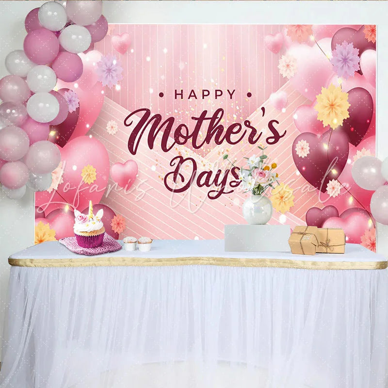 Lofaris Pink Happy Mothers Day Backdrop with Heart Balloons and Flowers Striped Background for Party Decoration