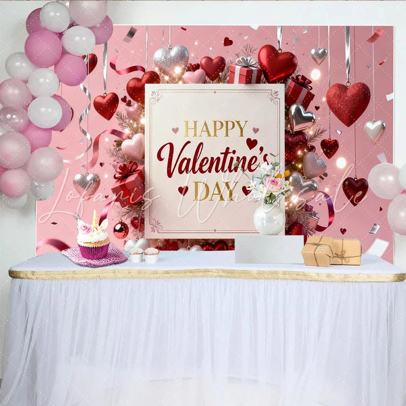 Lofaris Pink Happy Valentine’s Day Party Backdrop Featuring Red and Silver Hearts with Gift Boxes and Ribbons