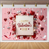 Lofaris Pink Happy Valentine’s Day Party Backdrop Featuring Red and Silver Hearts with Gift Boxes and Ribbons
