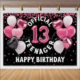 Lofaris Pink Heart Balloons 13th Birthday Backdrop Official 13 Teenager Girl Milestone Party Decoration