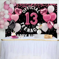 Lofaris Pink Heart Balloons 13th Birthday Backdrop Official 13 Teenager Girl Milestone Party Decoration