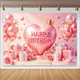 Lofaris Pink Heart Crown Birthday Backdrop with Balloons and Roses Elegant Party Background for Princess Theme Photoshoot Decor
