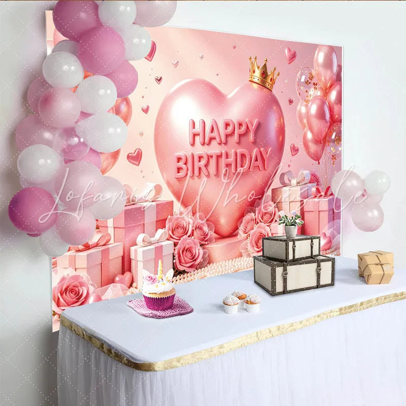 Lofaris Pink Heart Crown Birthday Backdrop with Balloons and Roses Elegant Party Background for Princess Theme Photoshoot Decor
