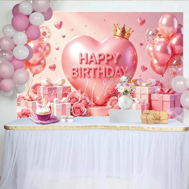 Lofaris Pink Heart Crown Birthday Backdrop with Balloons and Roses Elegant Party Background for Princess Theme Photoshoot Decor