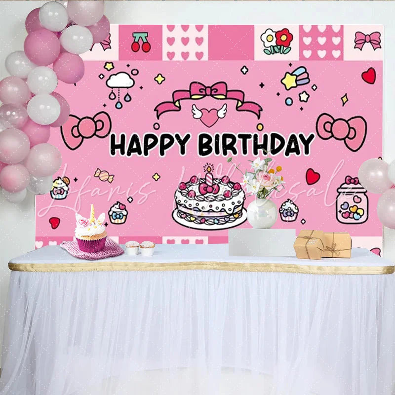 Lofaris Pink Kawaii Bow Happy Birthday Backdrop Cute Cake Cherries and Stars Party Background