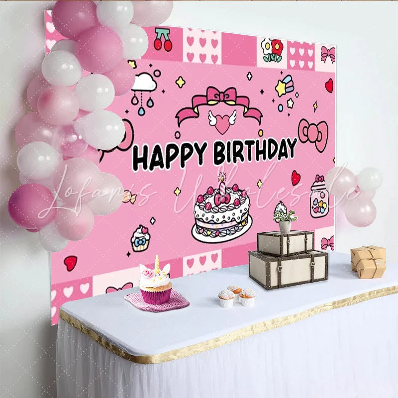 Lofaris Pink Kawaii Bow Happy Birthday Backdrop Cute Cake Cherries and Stars Party Background