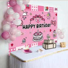Lofaris Pink Kawaii Bow Happy Birthday Backdrop Cute Cake Cherries and Stars Party Background
