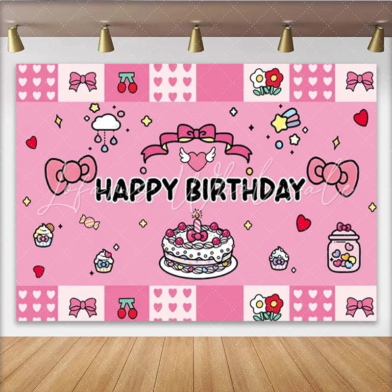 Lofaris Pink Kawaii Bow Happy Birthday Backdrop Cute Cake Cherries and Stars Party Background