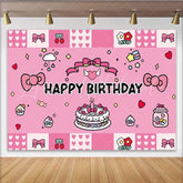 Lofaris Pink Kawaii Bow Happy Birthday Backdrop Cute Cake Cherries and Stars Party Background
