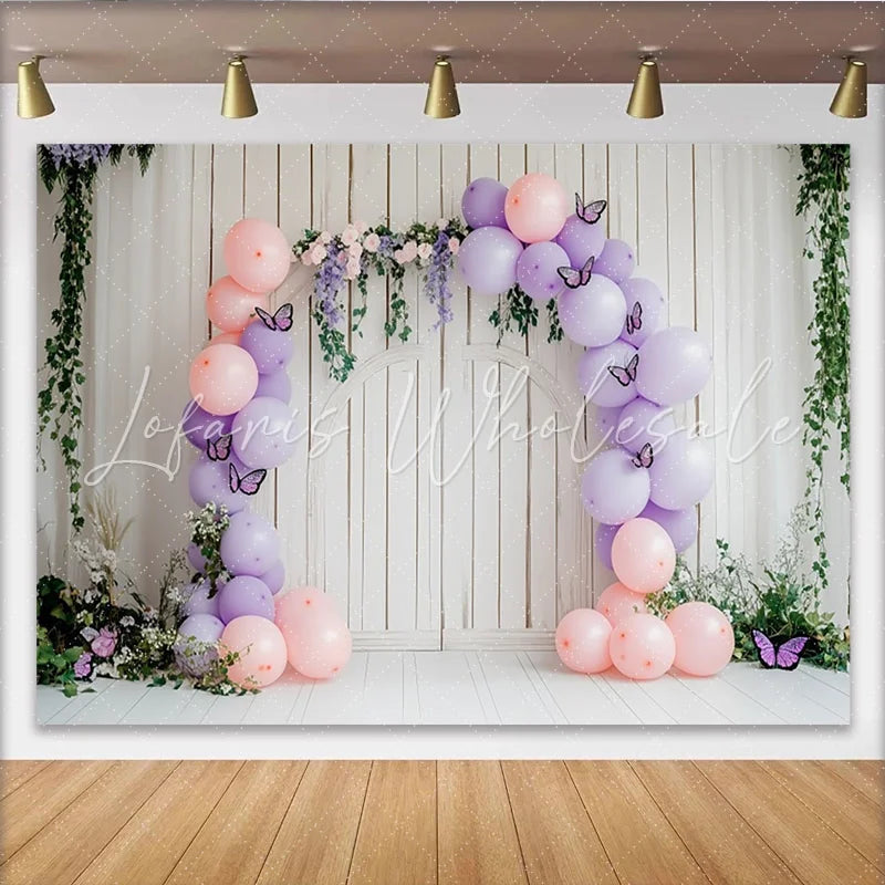 Lofaris Pink Lavender Butterfly Baby Shower Backdrop with Wooden Arch Elegant Photo Booth Prop for Girls Party Decor