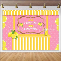 Lofaris Pink Lemonade Stand Photography Backdrop with Polka Dots and Yellow Stripes Love Laughter and Lemonade Sign for Summer Party Decor