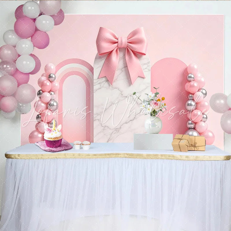 Lofaris Pink Marble Arch Birthday Backdrop with Balloons and Bow Elegant Party Background for Girls Photoshoot and Celebration