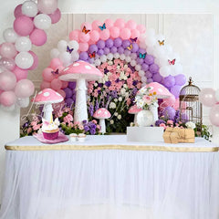Lofaris Pink Mushroom and Floral Wall Spring Backdrop Purple Balloon Arch Butterfly Birthday Party Background