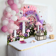 Lofaris Pink Mushroom and Floral Wall Spring Backdrop Purple Balloon Arch Butterfly Birthday Party Background