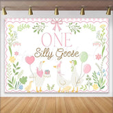 Lofaris Pink ONE Silly Goose Birthday Backdrop with Cute Geese and Balloons Whimsical First Birthday Party Decor