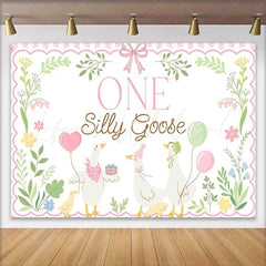 Lofaris Pink ONE Silly Goose Birthday Backdrop with Cute Geese and Balloons Whimsical First Birthday Party Decor